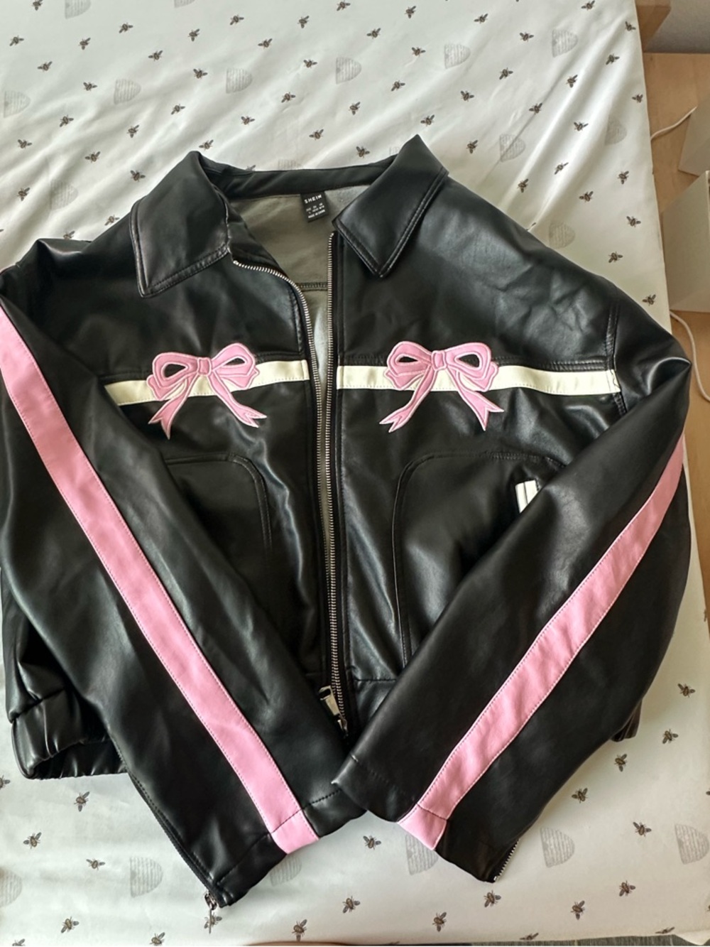 SHEIN Black Faux Leather Jacket with Pink Ribbon and White Stripe Accents